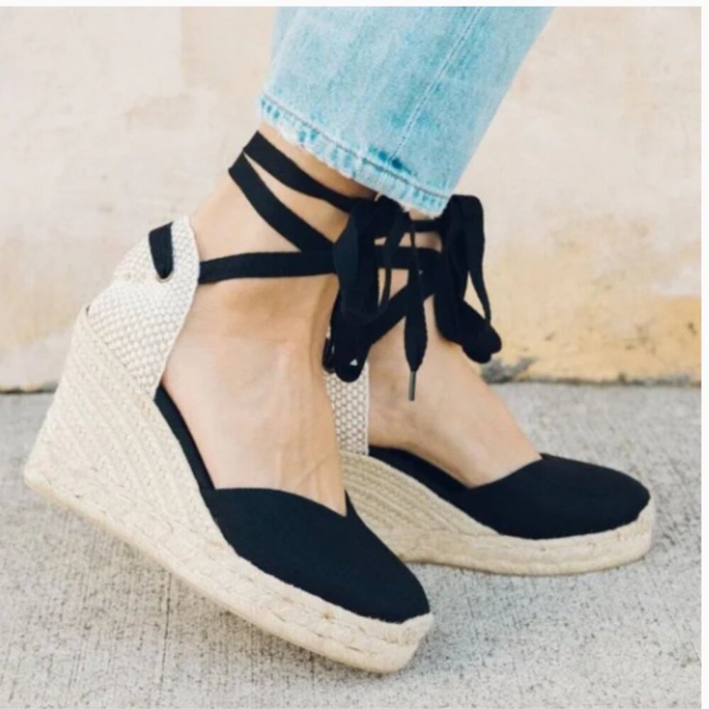 Anthro Soludos Mallorca Black Suede Tall Lace-Up Wedge Espadrille Sandal 7.5